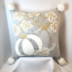 Magaschoni Home Pumpkin Fall Harvest Gray Throw Pillow County Chic Beaded 17"
